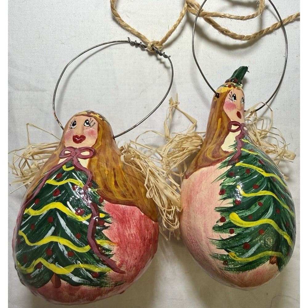 Handpainted Angel Gourd Christmas Ornament Lot of 2
